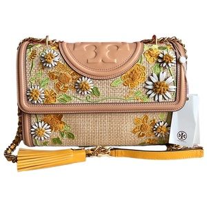 NWT Tory Burch Fleming in Napa Leather and Straw with embroidered floral detail